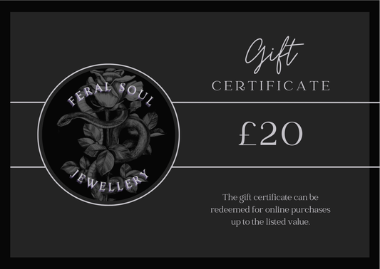 £20 Feral Soul Jewellery gift certificate featuring a gothic-inspired design with a floral snake logo. The certificate is redeemable for online purchases up to the listed value.






