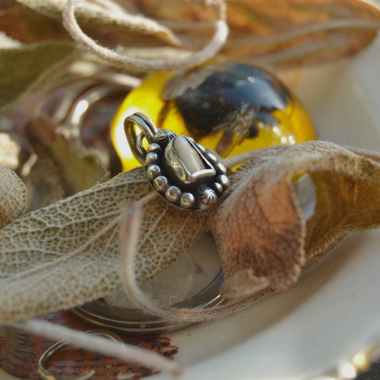 Close-up of a handcrafted silver pendant featuring a small, detailed tooth design, surrounded by beaded metalwork. The pendant is displayed on dried leaves with a glass marble and natural elements in the background.






